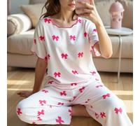 Set di pigiama per ragazze pre-adolescenti, base bianca con stampa allover di fiocchi rosa, bordi a contrasto, top a maniche corte e pantaloni, abbigliamento casual da relax 8Y,9Y,10Y,11Y,12YFrutta & 
