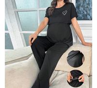 Set di pigiama premaman in seta di latte con stampa a cuori di colore unito L,M,S,XSGeometricoTessuto in maglia