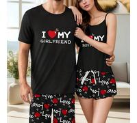 Set di pigiami abbinati leggeri per coppie, camicia senza maniche e pantaloncini da uomo con stampa della scritta "Amo la mia ragazza", abbigliamento romantico da casa L,M,XL,XXLGeometrico,LettereTess