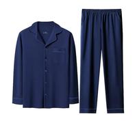 Set di Pigiami da Uomo in Cotone, Pigiami Morbidi a Maniche Lunghe per Uomo, Leggeri Pigiami da Notte con Bottone e Pantaloni con Tasche,Navy Blue,XXL