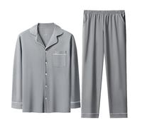 Set di Pigiami da Uomo in Cotone, Pigiami Morbidi a Maniche Lunghe per Uomo, Leggeri Pigiami da Notte con Bottone e Pantaloni con Tasche,Light Gray,XL