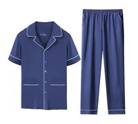 Set di Pigiami da Uomo in Cotone, Pigiami Morbidi a Maniche Lunghe per Uomo, Leggeri Pigiami da Notte con Bottone e Pantaloni con Tasche,Blu,3XL