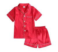 Set di pigiami estivi per bambini, a maniche corte, in raso, con bottone, due pezzi, biancheria da notte traspirante, 2 piumino, classico, morbido pigiama corto, Colore: rosso, 130