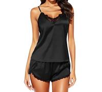 Set di pigiami in seta in pizzo satinato, bambola da donna, abbigliamento da notte, Nero , XXL