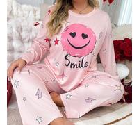 Set di pigiami oversize con stampa di facce sorridenti, in maglia con collo rotondo, maniche lunghe e pantaloni lunghi, abbigliamento casual da casa adatto per tutte le stagioni 0XL,1XL,2XL,3XL,4XLFum