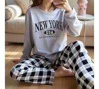 Set di pigiami per ragazze adolescenti, top a girocollo a maniche lunghe con stampa di New York e pantaloni larghi e comodi a quadri, 2 pezzi, moda back to school 14Y,13Y,16Y,15YGeometrico,Lettere,qua