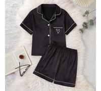 Set di pigiami per ragazze, colore solido morbido in maglia a nido d'ape con applicazione a cuore, camicia a maniche corte con colletto e bottoni, shorts 2 pezzi per adolescenti 8Y,9Y,10Y,11Y,12YGeome