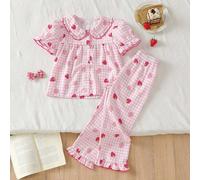 Set di pigiami per ragazze giovani, comodo e alla moda con stampa di ciliegie e balza, elegante top a maniche corte e pantaloni lunghi, 2 pezzi da camera 6Y,7Y,4Y,5YGrafico,quadri,Frutta & verduraTess