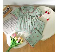 Set di pigiami per ragazze giovani, comodo e alla moda con stampa di ciliegie e balze, elegante top a maniche corte e pantaloni lunghi, 2 pezzi da camera 6Y,7Y,4Y,5YFrutta & verduraTessuto