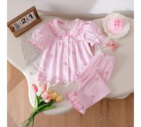 Set di pigiami per ragazze giovani, comodo e alla moda con stampa di ciliegie e balze, elegante top a maniche corte e pantaloni lunghi, 2 pezzi da camera 6Y,7Y,4Y,5YA strisceTessuto