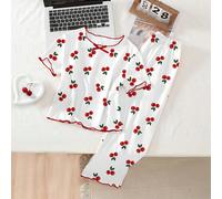 Set di pigiami per ragazze pre-adolescenti, include una maglietta girocollo bianca con stampa di ciliegie dolci e pantaloni ampi con stampa di ciliegie all-over e bordo con volant, pigiama estivo casu