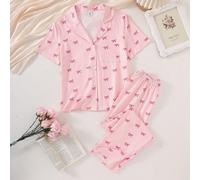 Set di pigiami per ragazze pre-adolescenti - Top a maniche corte con colletto a fiocco rosa e pantaloni, completo casual e confortevole da 2 pezzi, coordinato mamma-figlia (venduto separatamente in se