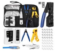 Set di Pinza Crimpatrice RJ45 con Tester per Cavi di Rete Connettori Cat6 e Coperture Spellafili Pass Through Ethernet CAT5 Cat5e Cat6 Crimpatura Strumento Kit, Kit di Strumenti a Crimpare
