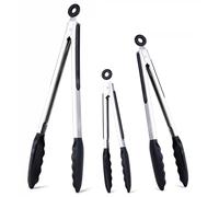 Set di pinze da cucina in silicone da 18/23/30 cm, pinze da cucina con punte in silicone e manico in acciaio inossidabile, pinze per grigliare, barbecue, buffet (Nero, 18/23/30 cm)