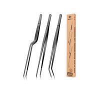 Set di pinzette da cucina, pinze professionali per alimenti in acciaio inox, pinzetta da cucina nera lunga per cucinare, impiattare, decorare e barbecue (NERO, 25,5 CM)