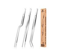 Set di pinzette da cucina, pinze professionali per alimenti in acciaio inox, pinzetta da cucina nera lunga per cucinare, impiattare, decorare e grigliare (ARGENTO, 25,5 CM)