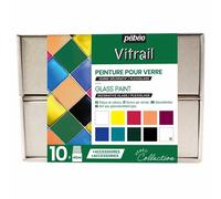 Pebeo - cofanetto collezione vitrail - set pittura su vetro - 10 flaconi da 45 ml - colori assortiti + 2 tubetti cerne relief 20 ml + 1 tavolozza + 1 pennello ventaglio n.6 + 1 spugna + guida creativa