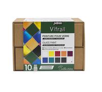 Pebeo - cofanetto collezione vitrail - set pittura su vetro - 10 flaconi da 45 ml - colori assortiti + 2 tubetti cerne relief 20 ml + 1 tavolozza + 1 pennello ventaglio n.6 + 1 spugna + guida creativa