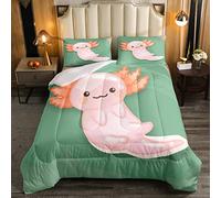 Set di piumini per letto singolo con motivo Axolotl, motivo a cartoni animati, motivo con stampa di pesci kawaii, con 1 federa, sfondo verde, in microfibra di poliestere, morbido e moderno