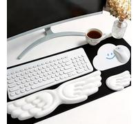 Set di poggiapolsi ergonomico con ali d'angelo e supporto per mouse e tappetino per mouse, superficie in pelle PU, base antiscivolo e memory foam per ufficio, giochi, lavoro (3 pezzi, bianco)