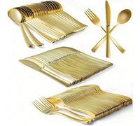 Set di posate da 150 pezzi in oro, 50 cucchiai, 50 forchette, 50 coltelli, posate natalizie, set completo di stoviglie, lavabili e riutilizzabili, adatti per feste, vacanze, compleanni, riunioni, cuci