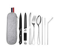 Set di posate da campeggio da 9 pezzi con borsa portaposate, in acciaio inox, con bistecca, coltello, forchetta, cannucce, apribottiglie e spazzola per la pulizia, lavabile in lavastoviglie