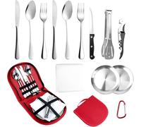 Set di Posate da Campeggio per 2 Persone, 14 Stoviglie Campeggio Portatile in Acciaio Inox, Posate da Viaggio per Picnic, Barbecue, Escursioni, Campeggio