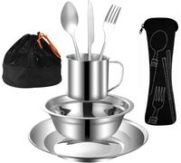 Set di posate da campeggio per esterni, in acciaio inox, kit di misurazione include piastra, ciotola, cucchiaio, forchetta, coltello, in tasche a rete, per campeggio, zaino per una persona