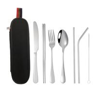 Set di posate da viaggio, 8 pezzi, in acciaio inox, portatile, riutilizzabile, con tasca per posate, bacchette, cucchiaio, forchetta, spazzola per la pulizia e cannuccia (argento)