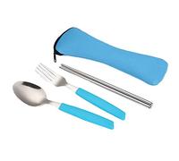 Set di posate da viaggio in acciaio inossidabile Bacchette cucchiaio forchetta in acciaio inox Set da tavola portatile per picnic scuola uso all'aperto 1 pz sacchetto blu e creativo manico comodo