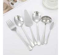 Set di posate in acciaio inossidabile da 6 pezzi, comprensivo di cucchiaio da portata, forchetta, mestolo per zuppa, cucchiaio forato, coltello per burro e paletta per torta, adatto per self-service,