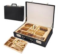 Set di Posate in Acciaio Inossidabile da 72/84 Pezzi con lucidatura a Specchio Oro/Argento, Lavabile in lavastoviglie, Set di coltelli, forchette, cucchiai, Valigetta Regalo per la