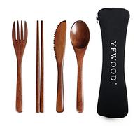 Set di posate in legno, 4 posate riutilizzabili in stile giapponese con 1 cucchiaio, 1 forchetta, 1 bacchette, 1 coltello in legno con sacchetto, posate da viaggio per cucina, casa, ufficio