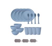 Set di Posate in Plastica Riutilizzabili Ciotole Piatti Tazze Coltelli Forchette Cucchiai Piatti Colorati Infrangibili Adatto al Microonde e alla Lavastoviglie Casa Campeggio (Blu, Set 24)