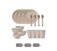 Set di Posate in Plastica Riutilizzabili Ciotole Piatti Tazze Coltelli Forchette Cucchiai Piatti Colorati Infrangibili Adatto al Microonde e alla Lavastoviglie Casa Campeggio (Beige, Set 24)