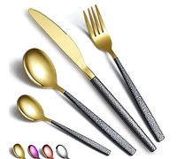 Set di Posate Mars 24 Pezzi - Rivestimento in Oro Lucido Con Manico Nero, Acciaio Inossidabile Placcatura in Titanio - Coltelli, Cucchiai, Forchette - Servizio per 6