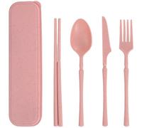 Set di posate portatile con astuccio, coltello in plastica riutilizzabile, forchetta, cucchiaio, stoviglie, set di posate da viaggio per campeggio, picnic, ufficio, scuola o uso quotidiano (rosa)