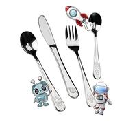 Set di Posate Spaziali per Bambini 4 Pezzi - Kit di 4 Utensili con Fantastici Disegni Spaziali - Include cucchiai di Diverse Dimensioni, Coltello e forchetta - Ideale per Bimbi dai 3 Anni in su