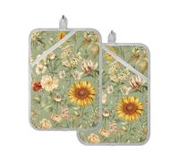 Set di presine da cucina resistenti al calore, con motivo floreale, colore verde, con tasca per forno, confezione da 2