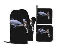 Set di presine e guanti da forno con stampa raffigurante un delfino e un gattino che mangiano pesce insieme - Set da cucina resistente al calore, impermeabile e durevole, composto da quattro pezzi