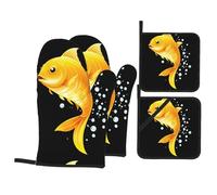 Set di presine e guanti da forno con stampa "Un pesce rosso splendente salta dall'acqua" - Set da cucina da quattro pezzi resistente al calore, impermeabile e durevole