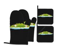 Set di presine e guanti da forno con stampa "Un'isola piena di fiori" - Set da cucina da quattro pezzi resistente al calore, impermeabile e durevole