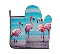 Set di presine e guanto da forno con stampa Flamingo Beach, un must per la cucina, forno, microonde e grill.