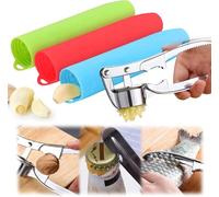 Set di pressa/schiaccia-aglio in metallo, quattro in uno, per zenzero e aglio, con rullo e pelapatate in silicone