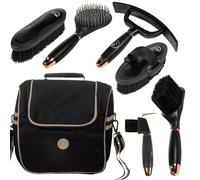 Set di pulizia per cavalli di lusso, nero, set completo per la cura dei cavalli con custodia, spazzole e raschietti per zoccoli, nero elegante con dettagli in oro rosa