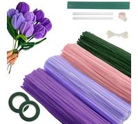 Set di pulizia per pipa Tulip Bouquet, set di pulizia per pipe, fiori per fai da te, con bastoncini di fiori verdi, rotoli di nastro adesivo, istruzioni, nastri, stami (viola)