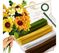 Set di pulizia per tubi a forma di girasole con 150 scovolini colorati in 4 colori (marrone, giallo oro, bianco, verde), 8 fili per fioristi, nastro per fioristi, sacchetti di cellophane per fiori