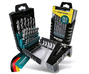 Set di punte per trapano HSS Pure Edge XC, 26 pezzi, 1 - 13 mm Bayerwald Tools - Xtra Clean con punta di centraggio Brad Point & svasatore conico - fori senza schegge in legno morbido/duro e materiali
