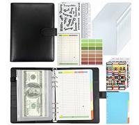 Set di quaderni formato A5, in pelle PU, con 12 tasche, 45 contorni budget, adesivi per etichette, righello e 5 divisori colorati, per Financial Planner, risparmio di denaro (nero)