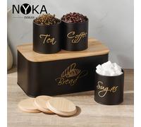 Set di quattro barattoli per , zucchero, tè e chicchi di caffè, con anelli di tenuta e coperchi in bambù. Il in bambù può utilizzato come tagliere e lavabile, per Natale//picnic